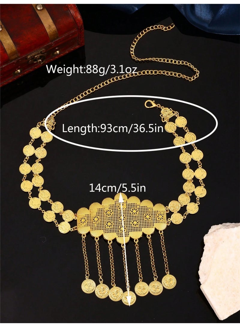 زينه يوم التأسيس حزام خصر نسائي مطلي بلون الذهب قابل للتعديل بتصميم عملات معدنيه مثالي للاحتفال بيوم التأسيس السعودي ويضيف لمسة تراثية فاخرة لإطلالتك. - Image 5